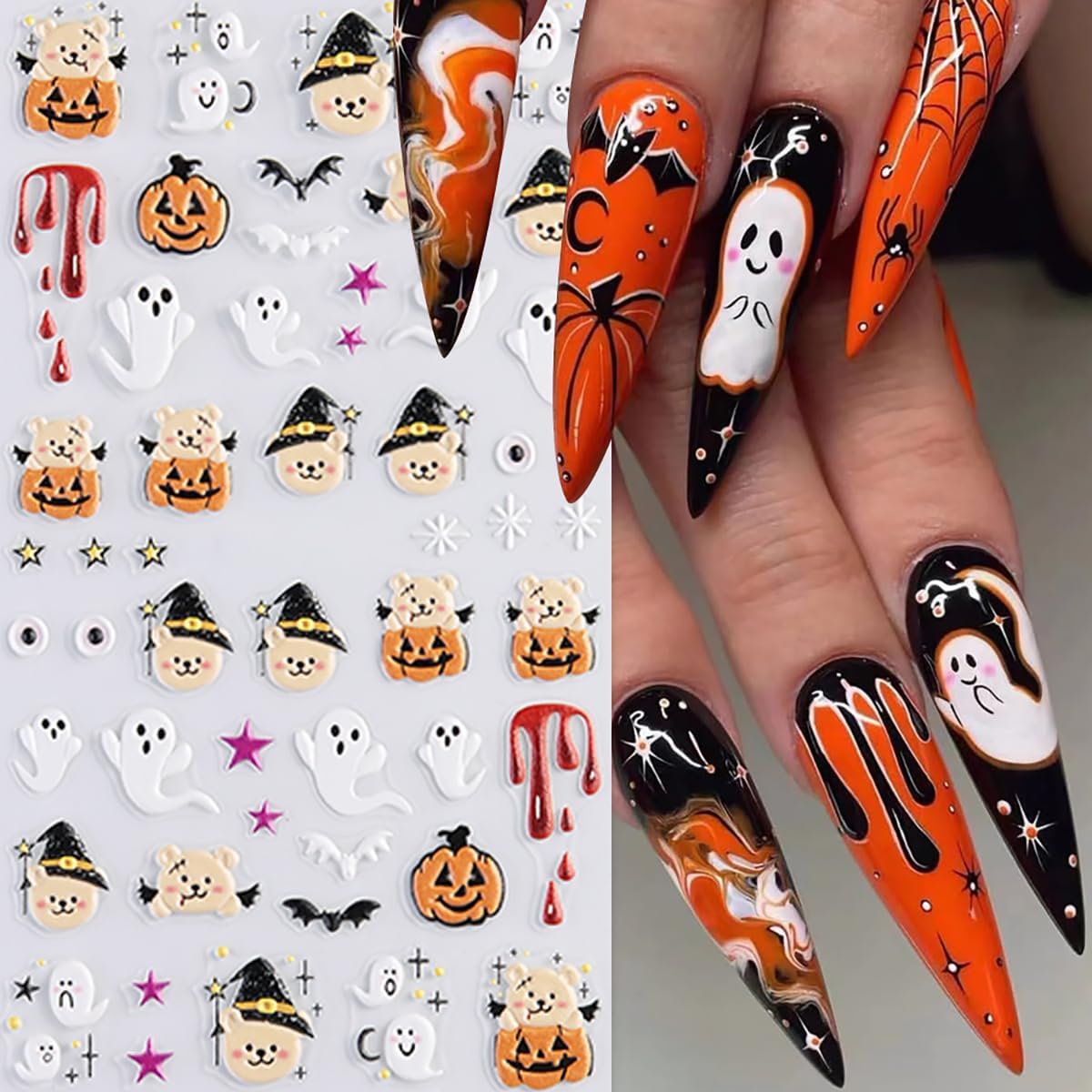 3 Sheets Halloween Nail Stickers for Nail Art, 5D Embossed Halloween Nail Art Stickers Cute Cat Ghost Nails Decals Self-Adhesive Gold Pumpkin Spider Web Nails Supplies for Women DIY Manicure Decor