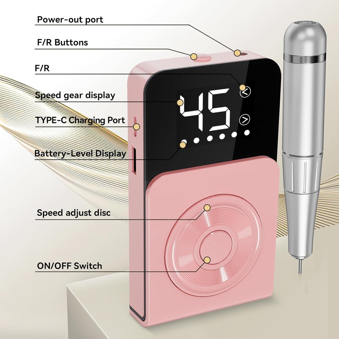 Cadrim Portable Electric Nail Drill Professional 45000 RPM, 2025 Upgrade-Speed Control Disc, Rechargeable Electric Nail File for Acrylic Gel Nails, Pink Cordless Nail Drill Kit for Salon Home