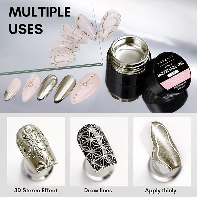 Makartt Chrome Gel Nail Polish: 8ml Metallic Gel Nail Polish, Gold 3D Metal Painting Gel for Nail Art Soak off UV/LED Glossy Mirror Effect Nail Glue Gel for Home Salon DIY Manicure