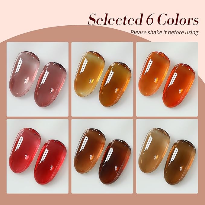 Born Pretty Halloween Fall Winter Jelly Gel Nail Polish Amber Crystal Transparent Brown Orange Red Gel Polish Nail Art Manicure DIY at Home and Salon 6PCS 7ML