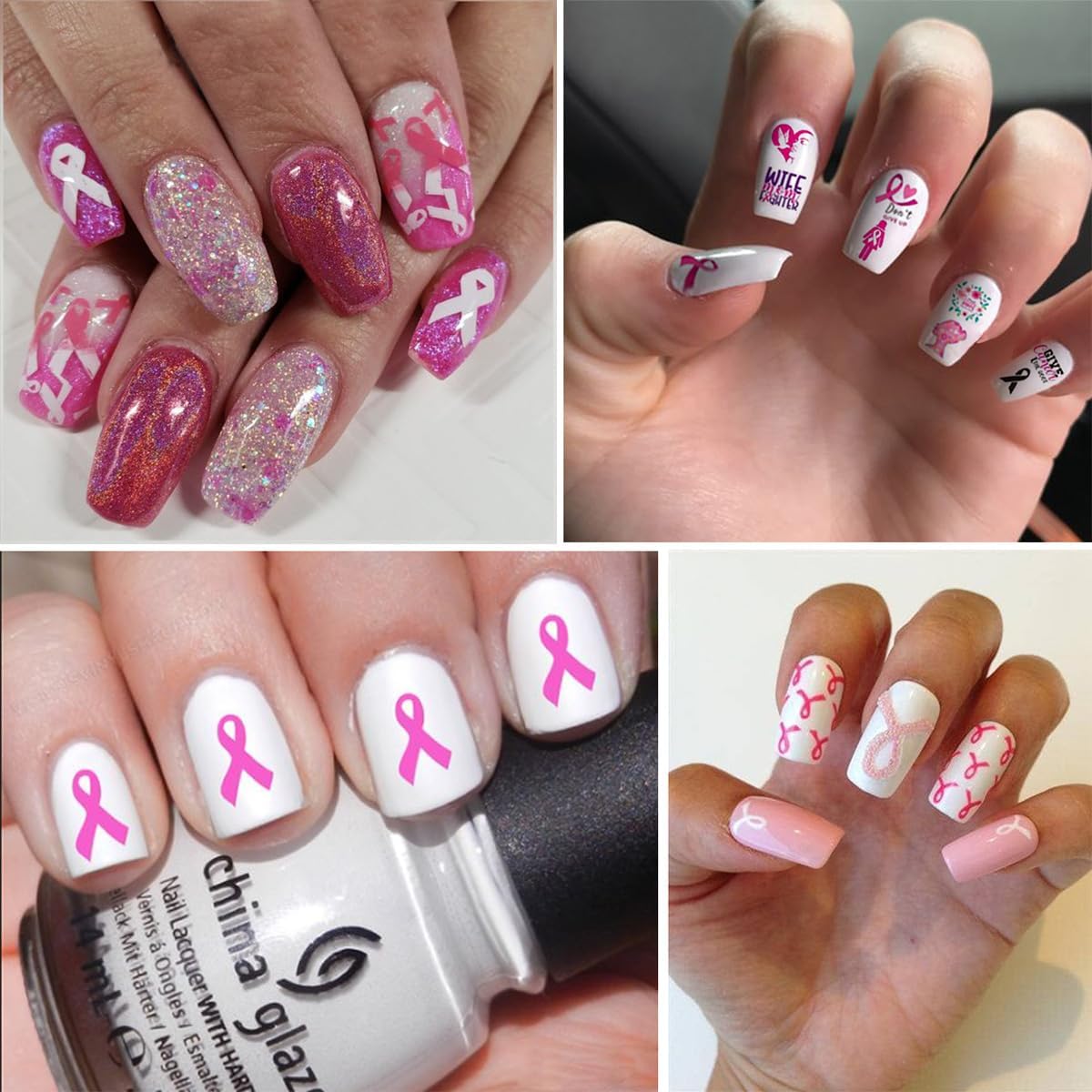 6 Sheets Breast Cancer Nail Art Stickers 3D Heart Pink Ribbon Breast Cancer Awareness Nail Decals Self-Adhesive Design Nail Art Supplies Stitch Nail Stickers for Women DIY Acrylic Manicure Tips Nail
