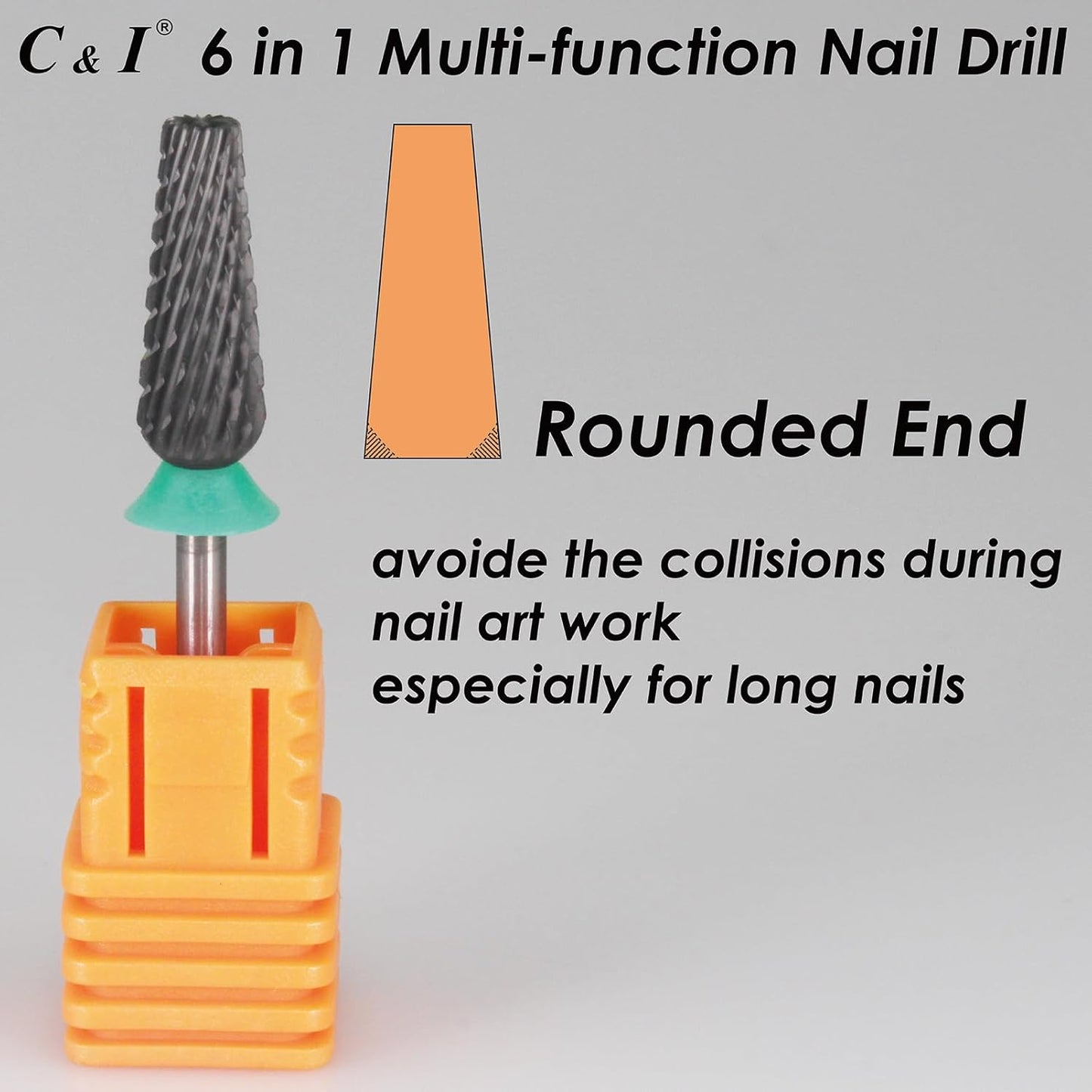 C & I Nail Drill Bit 6 in 1 Multi-function Rounded End E-file, Diamond Coat, CNC Overall Cut Nail Tools for Nail Techs Quick Remove Acrylic Nail Gels & Nail Art (Special Coat, Coarse -C)