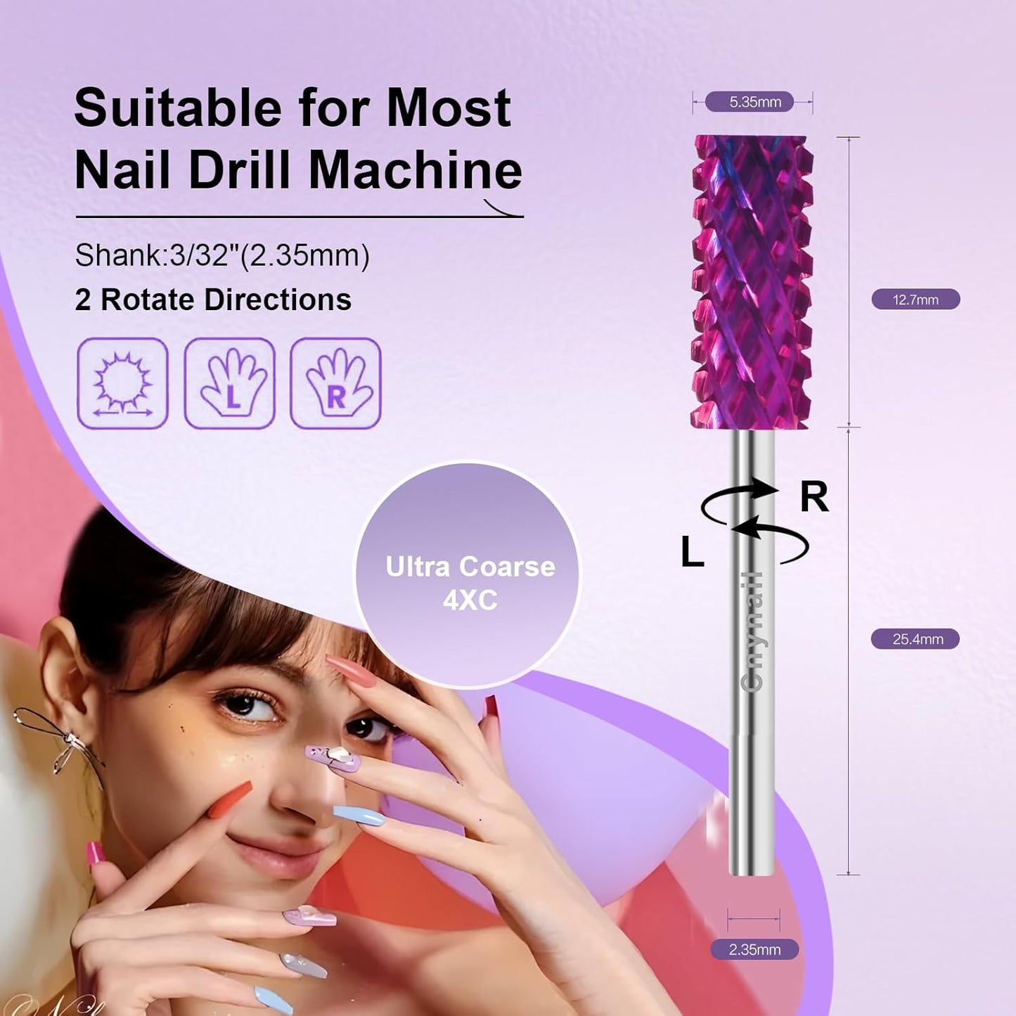 3/32" Small 5.35MM Barrel Bit Tungsten Carbide Nail Drill Bit Safety Bit for Gel & Acrylic Removal, 2- Way Rotating Efile Tip, Salon Electric File Accessory (4XC Girt, Purple)