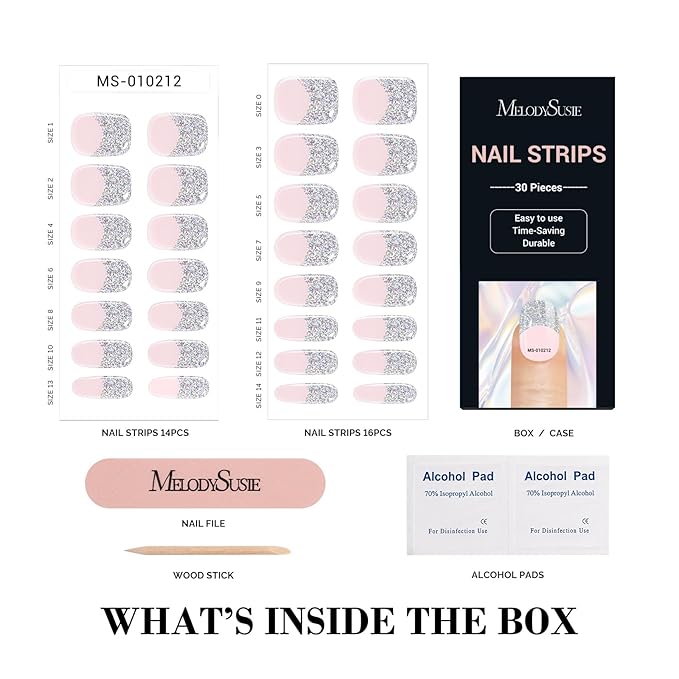 MelodySusie 30PCS Semi Cured Gel Nail Strips (Sliver Glitter French Tips), Works with Nail lamp, Salon Quality, Long Lasting, Easy to Apply and Remove, Includes 2 Prep Pads, Nail File and Wooden Stick