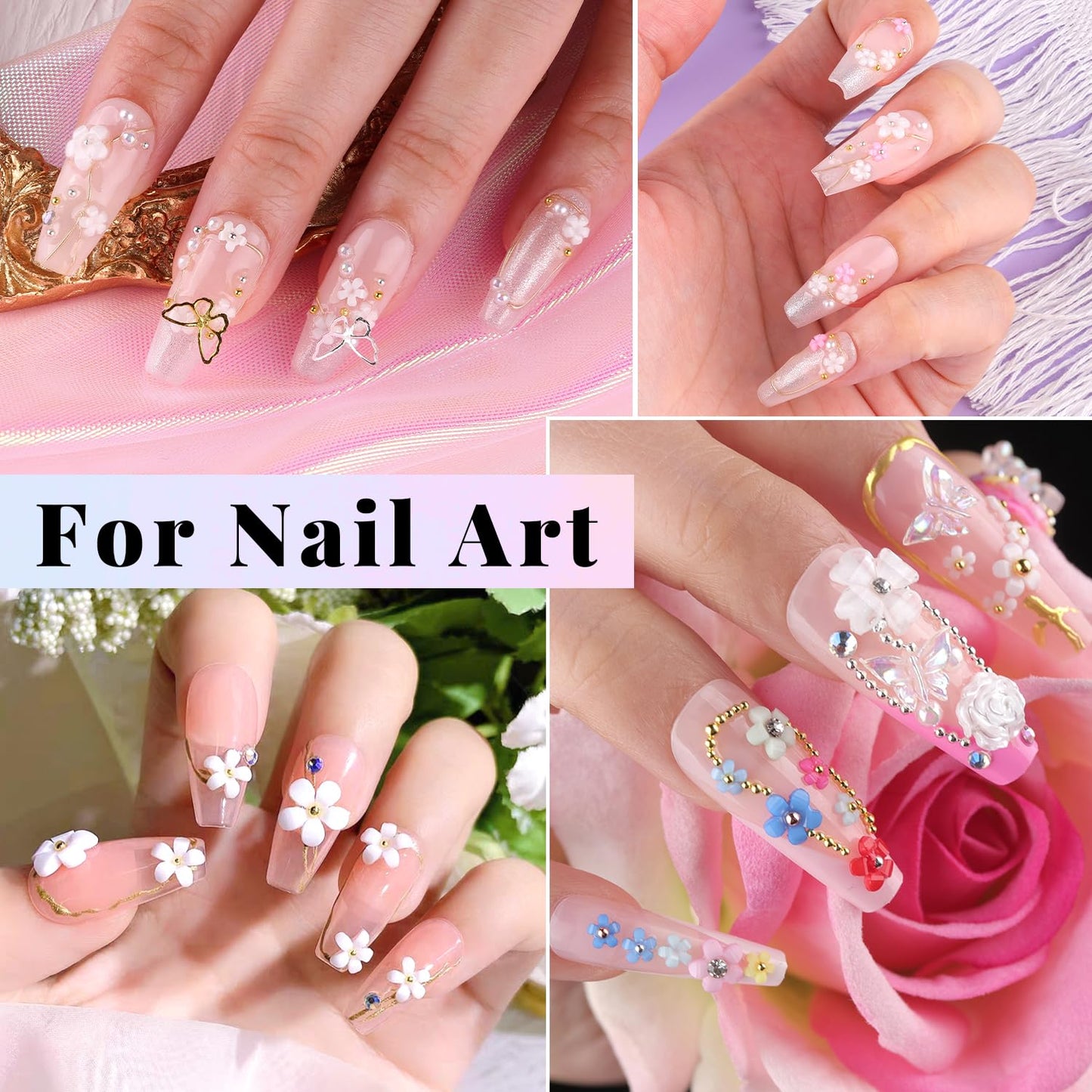 3D Nail Charms, Butterfly Colorful Acrylic Flower Starry AB Gemstones Caviar Beads Half Round Pearl, Flat Back Glass Crystal AB + Clear Round Rhinestones for Nails with Pickup & Dotting Tools