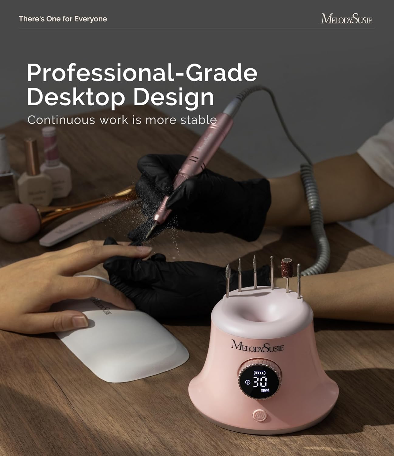MelodySusie Rechargeable Desktop Nail Drill,Professional 30000RPM Electric Nail File for Acrylic & Gel Nails Removal,SC320G Cordless E-File Machine with LED Display for Manicure Salon & Home,Pink