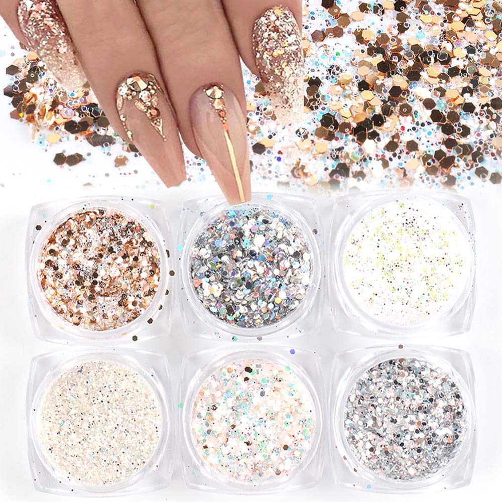 Holographic Nail Art Kits 6 Boxes 3D Glitter Metallic Shining Flakes Acrylic Powder Dust Sequins Decoration Holographic Manicure Tips (Vintage Color)