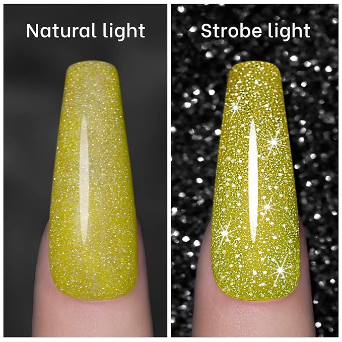 RARJSM Reflective Gel Nail Polish, Yellow Gel Nail Polish, 7.5ml 0.25Floz Yellow Nail Glitter Gelpolish Summer Candy Collection Diamond Shimmer for Starter Nail DIY at Home U V L E D Cure Required