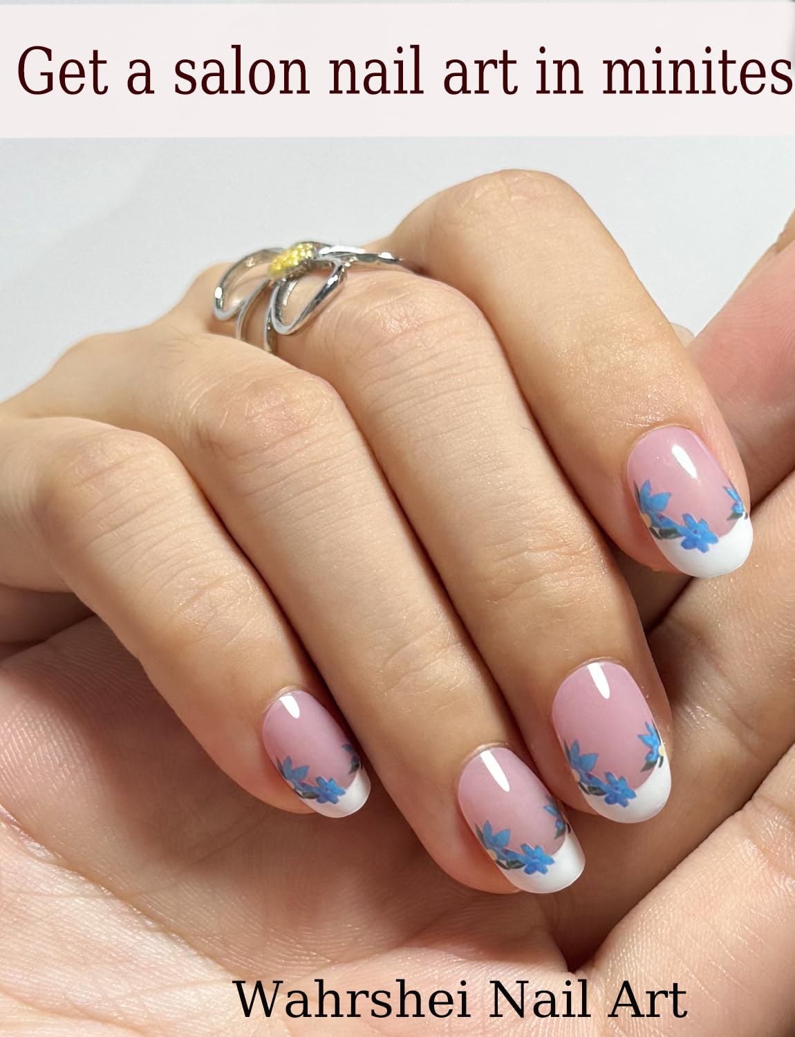 Gel Nail Strips No UV, Flower French, UV Free, Long Lasting Gel Stickers - Contains 22 Wraps, 1 Prep Pad, 1 File