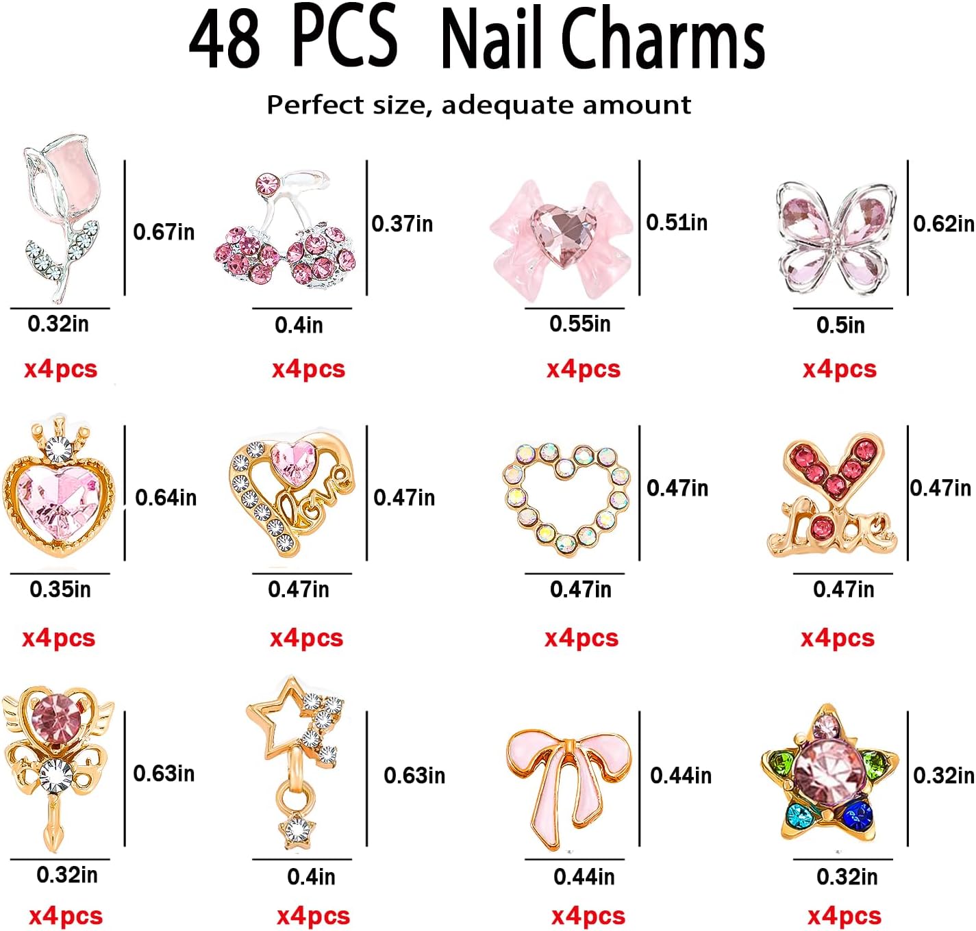 48PCS Nail Charms, Nail Rhinestones Kit with Nail Gems, 3D Nail Charms and Gems Charms for Nails, Nail Art Accessories Rhinestones