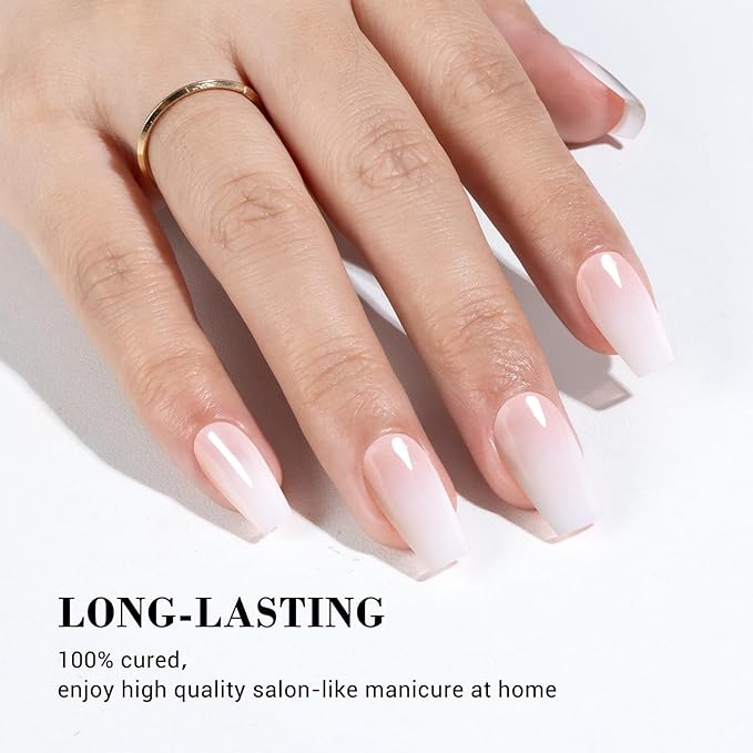 MelodySusie 30PCS Semi Cured Gel Nail Strips (Pink Gradient French Tips), Salon Quality, Long Lasting, Easy to Apply and Remove, Includes 2 Prep Pads, Nail File and Wooden Stick