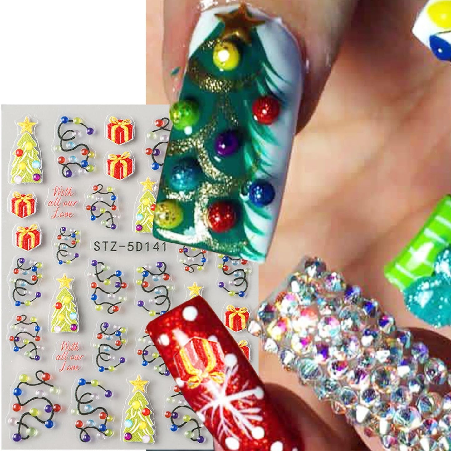 2 Sheets Christmas Nail Stickers for Nail Art Embossed New Year Light Strip Nail Art Stickers 5D Self-Adhesive Xmas Gift Nail Design Supplies Winter Christmas Tree Nail Decals for Women Holiday Decor
