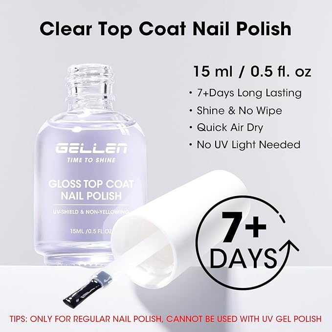 GELLEN Clear Nail Polish Top Coat, High Gloss Shine Top Coat Quick Air Dry UV-Resistant, Long Wear and Scratch Resistant, Chip Resistant, Protects Color & Nails, Non UV Gel, Hema Free, Non-toxic