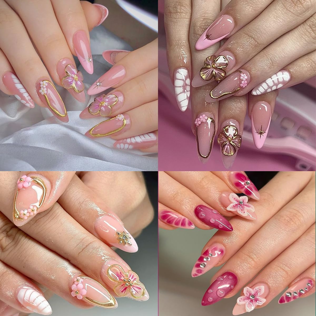 Flower Nail Stickers 5D Embossed Cherry Blossom Nail Decals Pink Floral Gold Star French Nails Art Stickers Cute Nails Supplies Spring Flower Manicure Decoration Accessories Charms for Women Girl 4Pcs