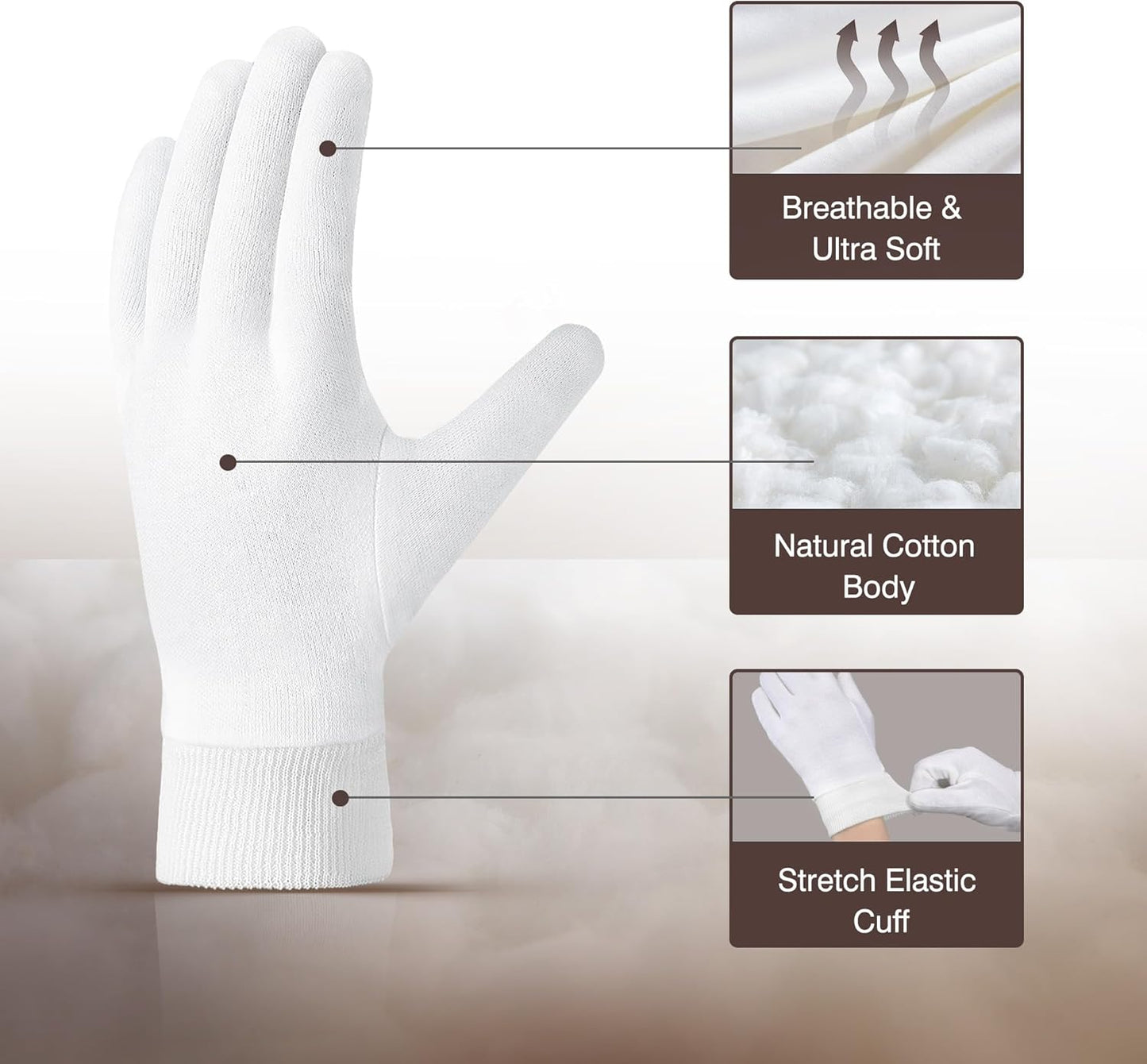 COOLJOB 4 Pairs Soft Moisturizing Cotton Gloves Set with Stretch Elastic Cuff, Overnight Lotion Sleeping Gloves for Dry Hands, Eczema Skin, Beauty Women SPA Essentials, Medium, White