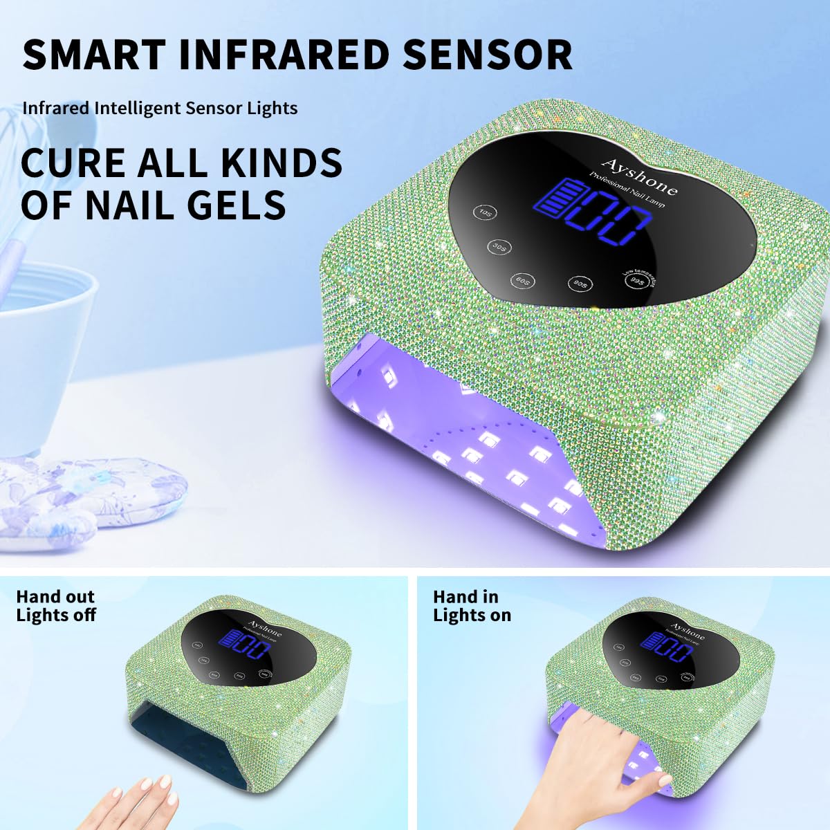 Cordless UV LED Nail Lamp,72W Rechargeable Nail Dryer Gel Polish Light with Large LCD Display,Rechargeable Nail Curing Lamp for Salon & Home (Pearl Green)