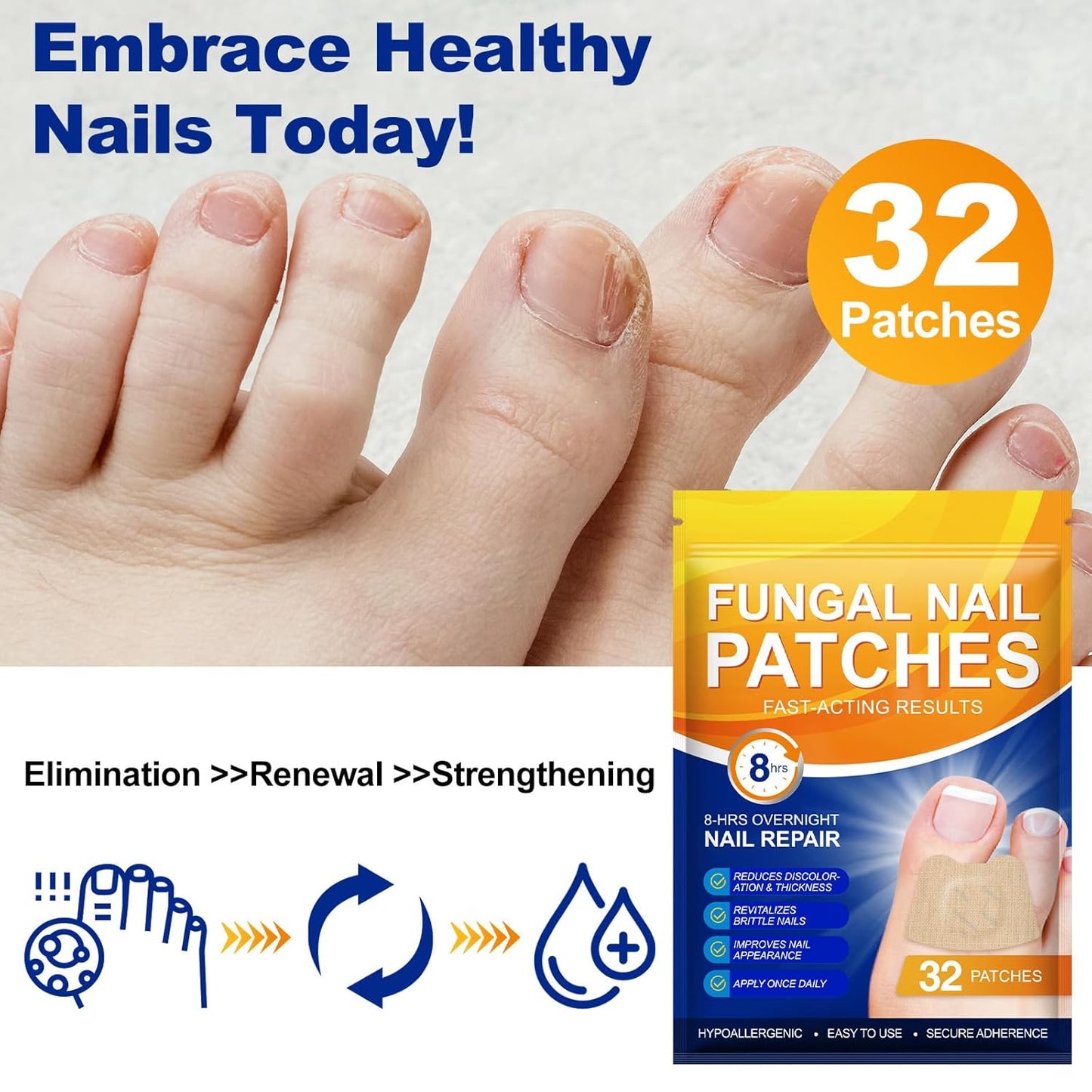 32 PCS Fungal Nail Patches for Broken Damaged Split Nails,Toenail Treatment Extra Strength,Nail Repair for Damaged Nails, Nails Care Supplies, Restore Discoloration and Thickness (2 Pack)