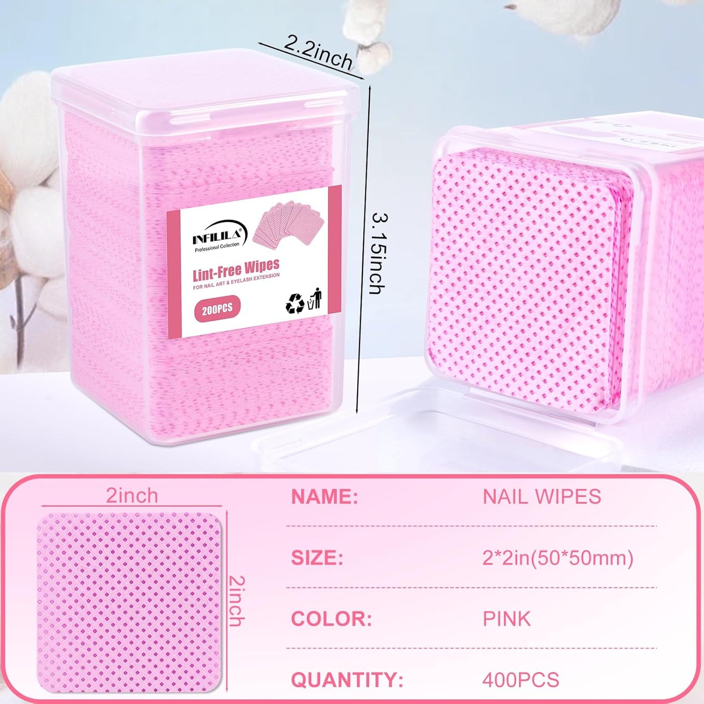 NXJ INFILILA Lint Free Nail Wipes, 400PCS Nail Polish Remover Wipes Super Absorbable Soft Lint Free Cotton Pads Lash Extensions Glue Nails Cleaning Pads for Salon Supplies