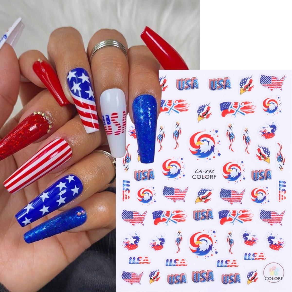 8 Sheets Independence Day Nail Stickers for Nail Art USA 4th of July Nail Decals 3D Self-Adhesive American Flag Patriotic Nail Decoration American Eagle Nail Art Stickers for Women Girls Nail Designs