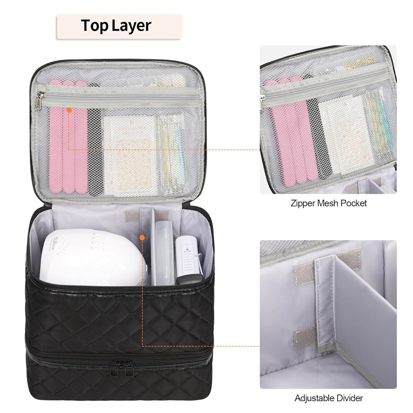 Ethereal Small Nail Polish Organizer Case Holds 32+ Bottles(15ml/0.5fl.oz) and Nail Lamp, Double Layer Nail Polish Storage Bag for Nail Kit, Manicure Tools, Black