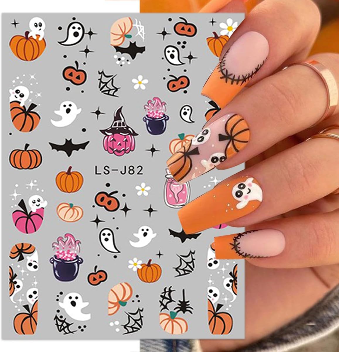 6 Sheets Halloween Nail Art Stickers 3D Cute Ghost Nail Decals Pumpkin Skull Cat Spooky Spider Web Bat Self-Adhesive Design Gothic Nail Stickers Nail Art Supplies for Women Acrylic Nails Decorations