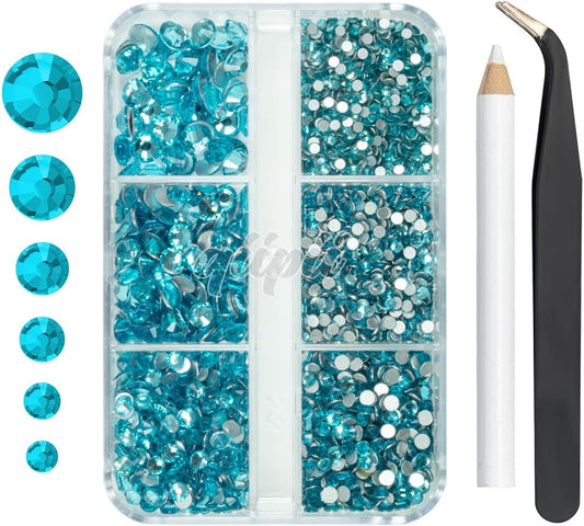 2550pcs Water Blue Aquamarine Nail Art Flatback Rhinestones for Face Makeup Lake Blue Nail Gems Gemstones K9 Glass SS4~SS20 6 Sizes Diamonds Stones Crystals w Tweezer & Picking Pen