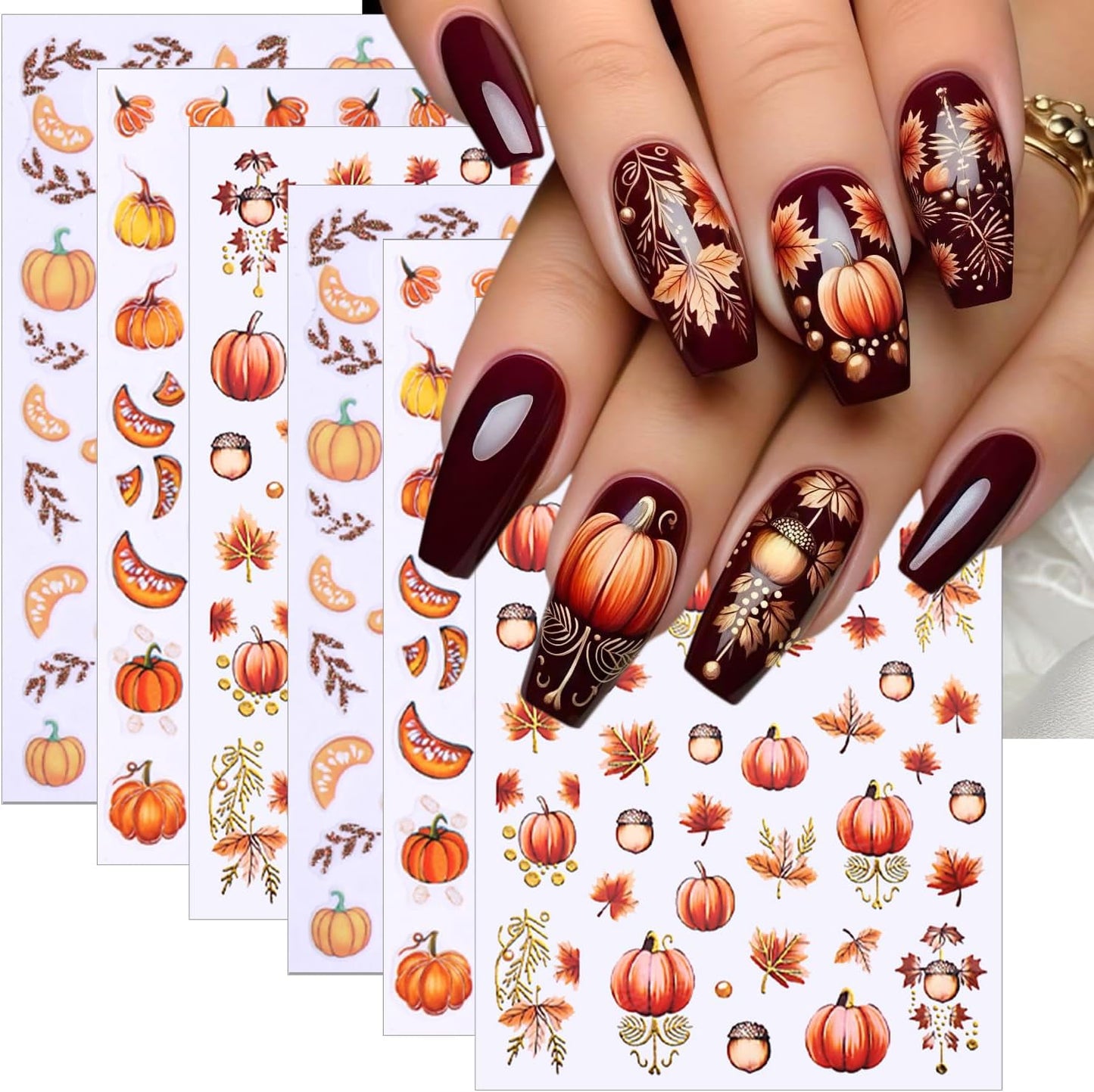 6 Sheets Fall Nail Art Stickers Pumpkin Fall Maple Leaf Nail Decals Fallen Leaves Nails Designs 3D Self-Adhesive Thanksgiving Nails Stickers Autumn Nail Art Supplies for Women DIY Manicure Art Kit