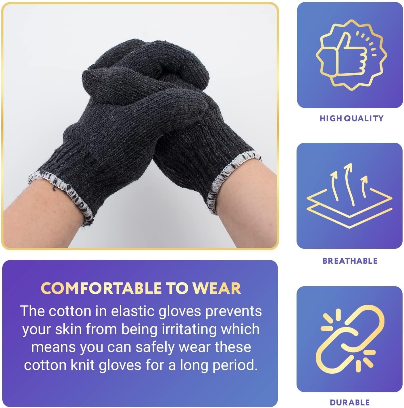 Gray Work Cotton Gloves for Men and Women, 9 Inches. Pack of 24 (12 Pairs) String Knit Work Gloves with Elastic Knit Wrist. Machine Washable Cotton Polyester Gardening Gifts