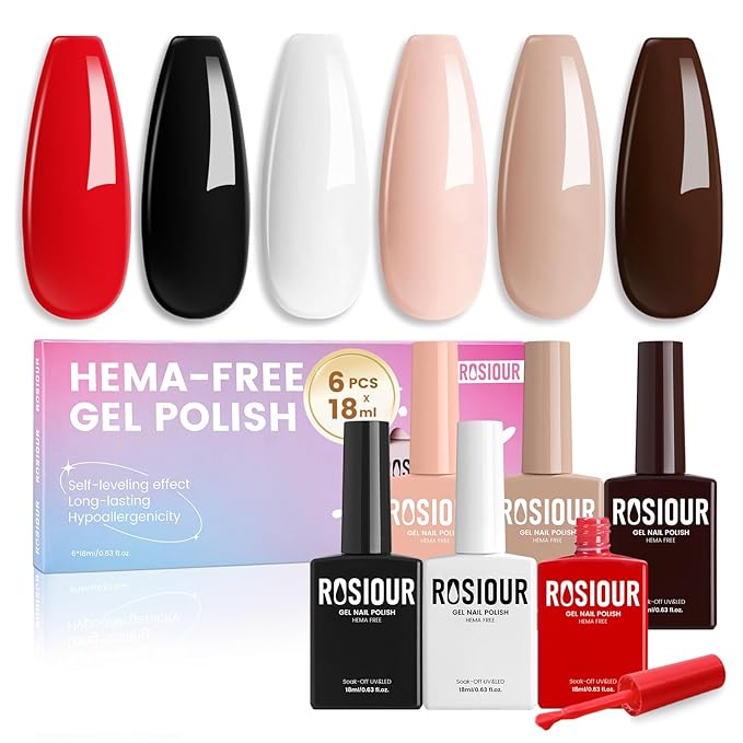 18ML Gel Nail Polish Set, 6 HEMA-Free Gel Polish Colors Balck White Red Nude Pink Dark Brown All Season Nail Polish Kit Soak off Uv Nail Art Gel Design for Women Girl Gift Salon DIY