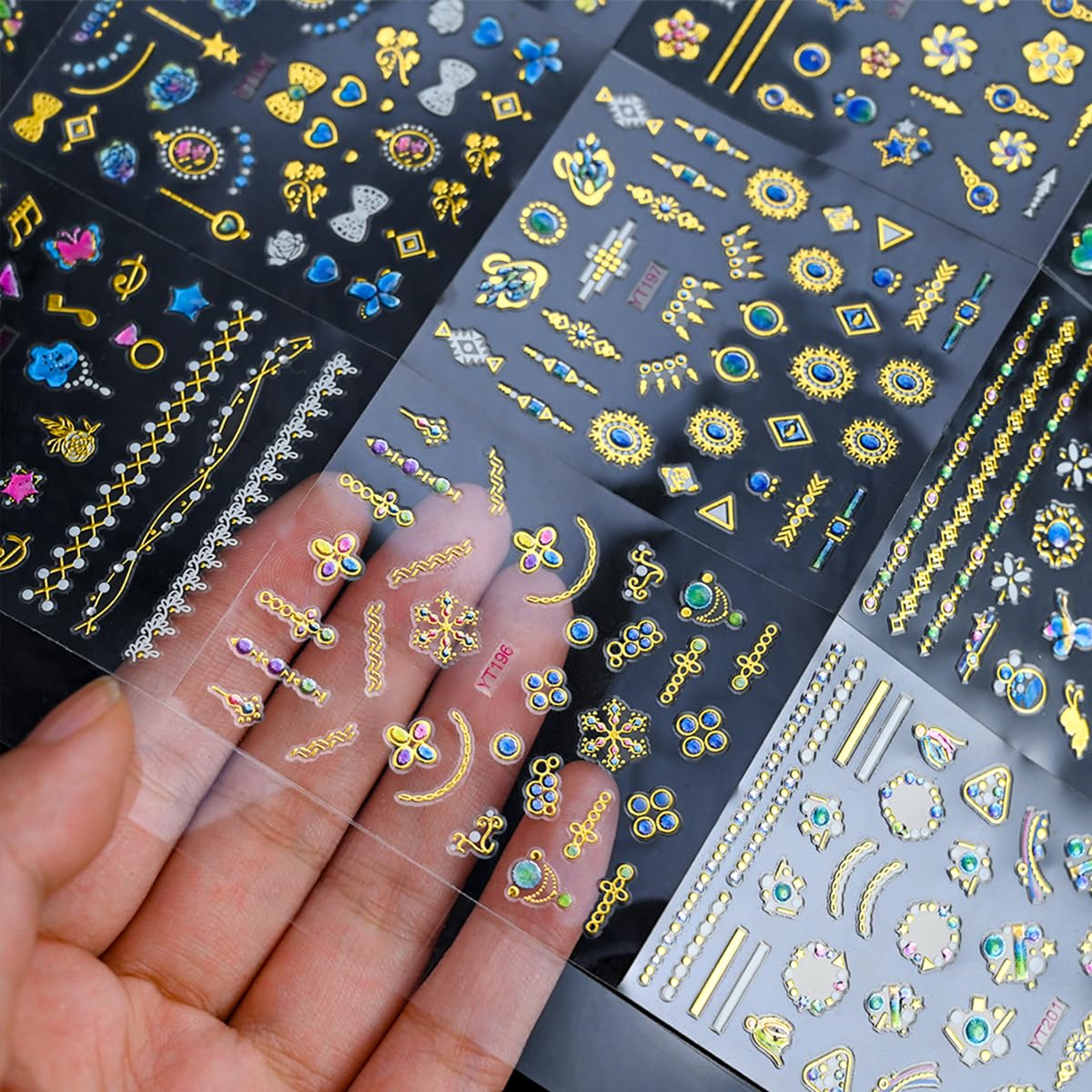 30 Sheets Gold Nail Art Stickers Blue Diamond Nail Design Stickers Heart Self Adhesive Acrylic Nail Supplies 3D Cute Floral Nail Decorations for Women Girls