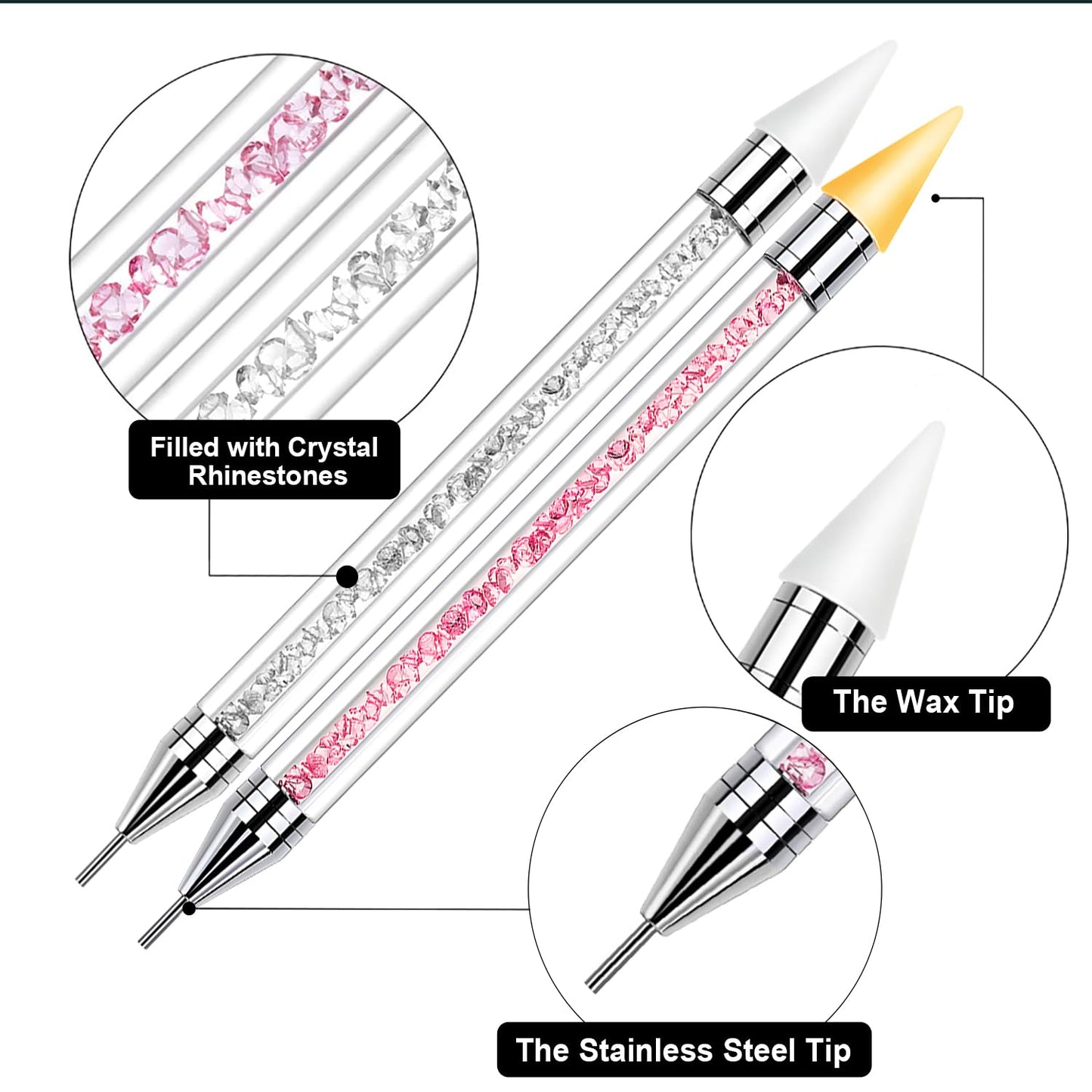 Rhinestone Picker Tool, Dual-ended Rhinestones Applicator Nail Art Design Tool, 2 Pack Acrylic Handle Nail Pen with 4 Extra Wax Tips and1 Tweezer