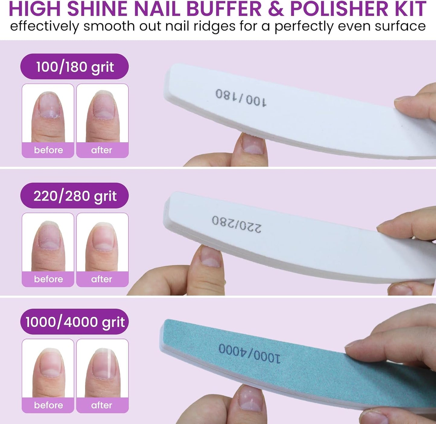 6 PCS Nail File Buffer Set for File/Buffer/Shine, Nail Files Kit for Natural Acrylic Nail, Emery Boards for Thick Nails, 100/120/150/180/220/240/280/1000/4000 Grit for Salon and Home