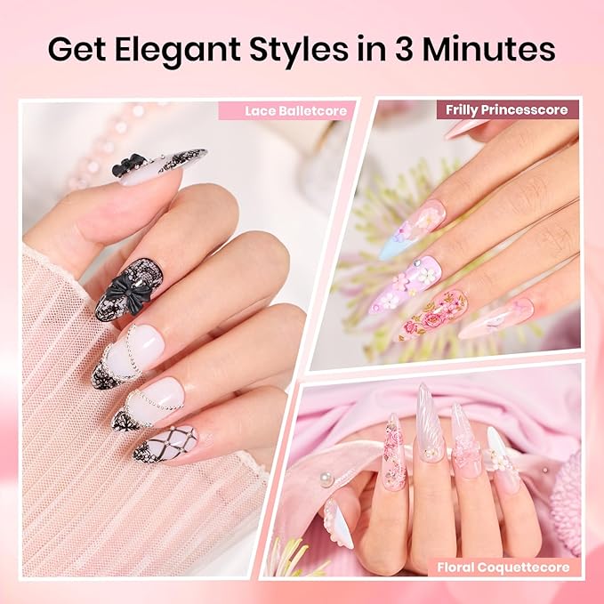 Beetles Nail Foil Glue Gel 2Pcs 15ml with 20 Pcs Lace Flower Butterfly Stickers Transfer White Black Lace Nail Foil Set, LED Lamp Soak Off DIY Manicure Gifts for Women