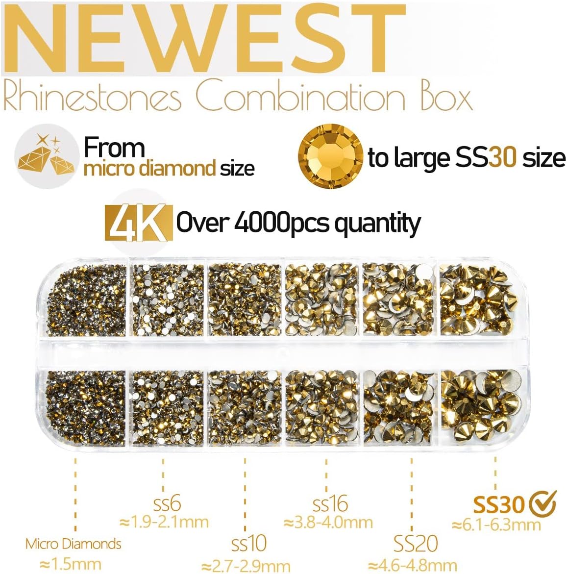 4010pcs Mine Gold Nail Art Rhinestones Kit Makeup Glue Fix Flatback Rhinestones Metallic Golden Nail Charms 6 Sizes (1.6-6.1mm) Up to SS30 Round Nail Gems Stones w Picking Pen for Nail Eye Face Makeup