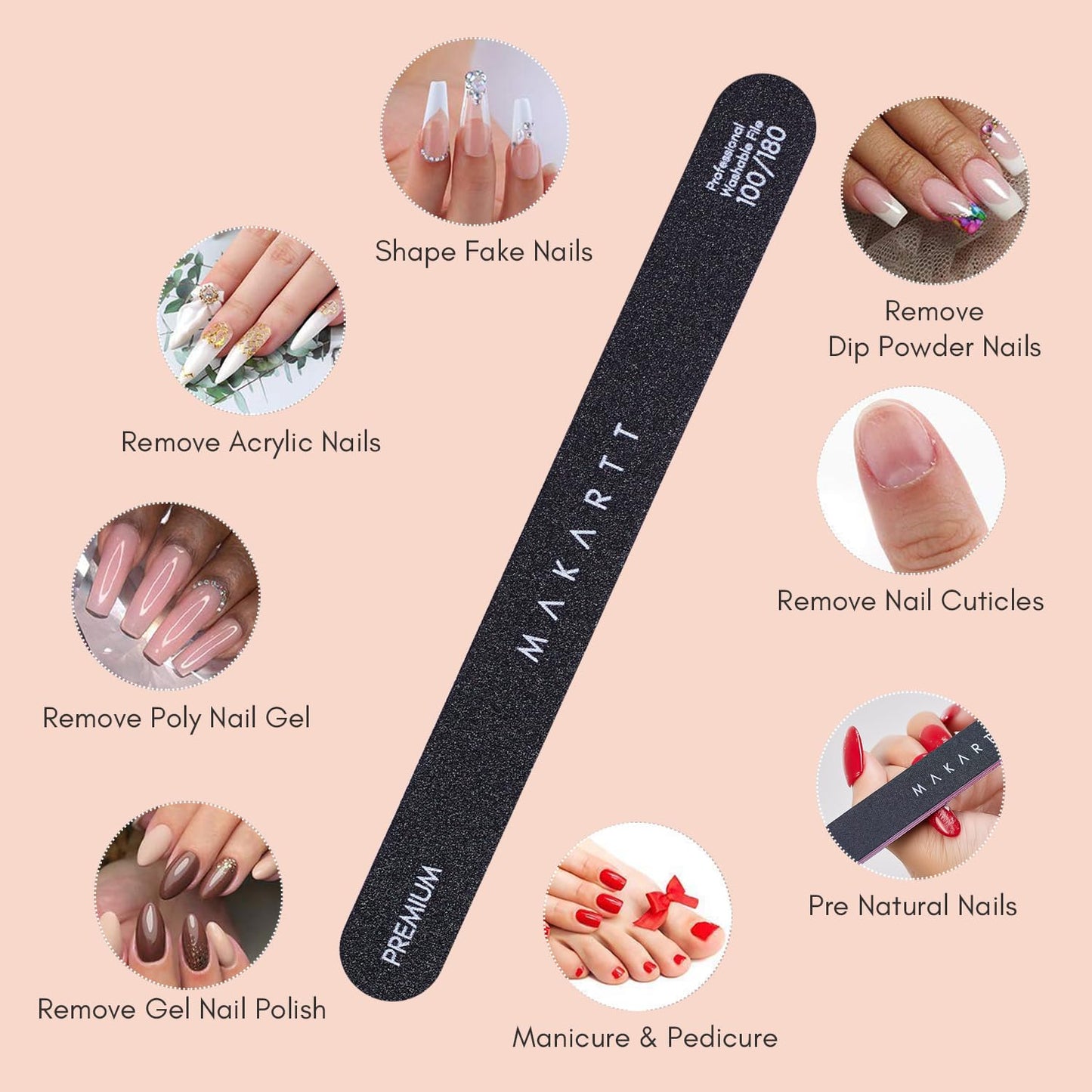 Makartt Nail File, 100/180 Grit Emery Boards for Nails, Professional Washable Doubled Sides Filer Kit for Medium and Gentle Filing Manicure Tools(Black-2pcs Trial Set)