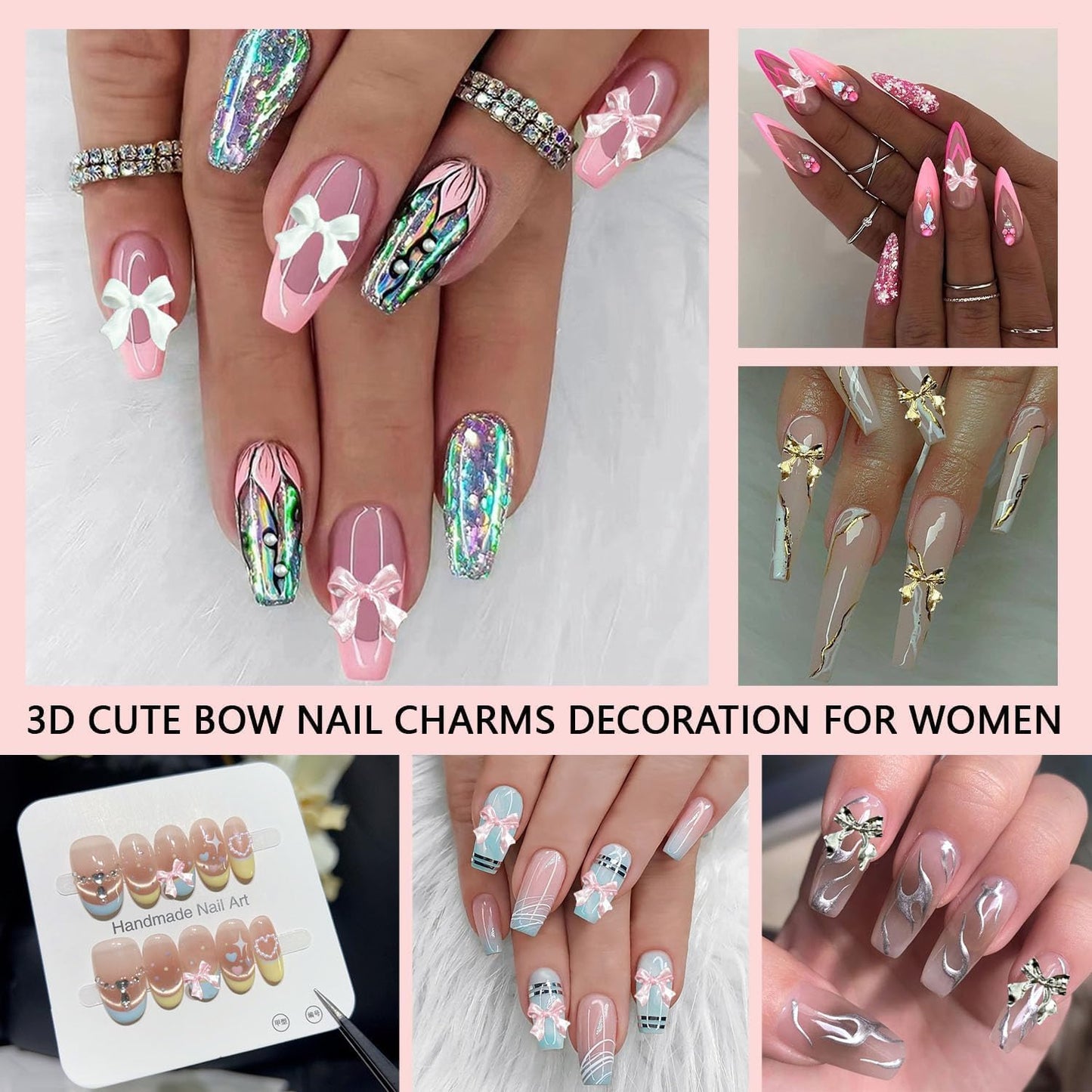 Gold Bow Nail Charms Kit, Cute Pink Flowers Bows 3D Nail Charms for Nails Decoration, White Flatback Pearls Heart Nail Art Jewels for Women Manicure DIY Crafts Accessories