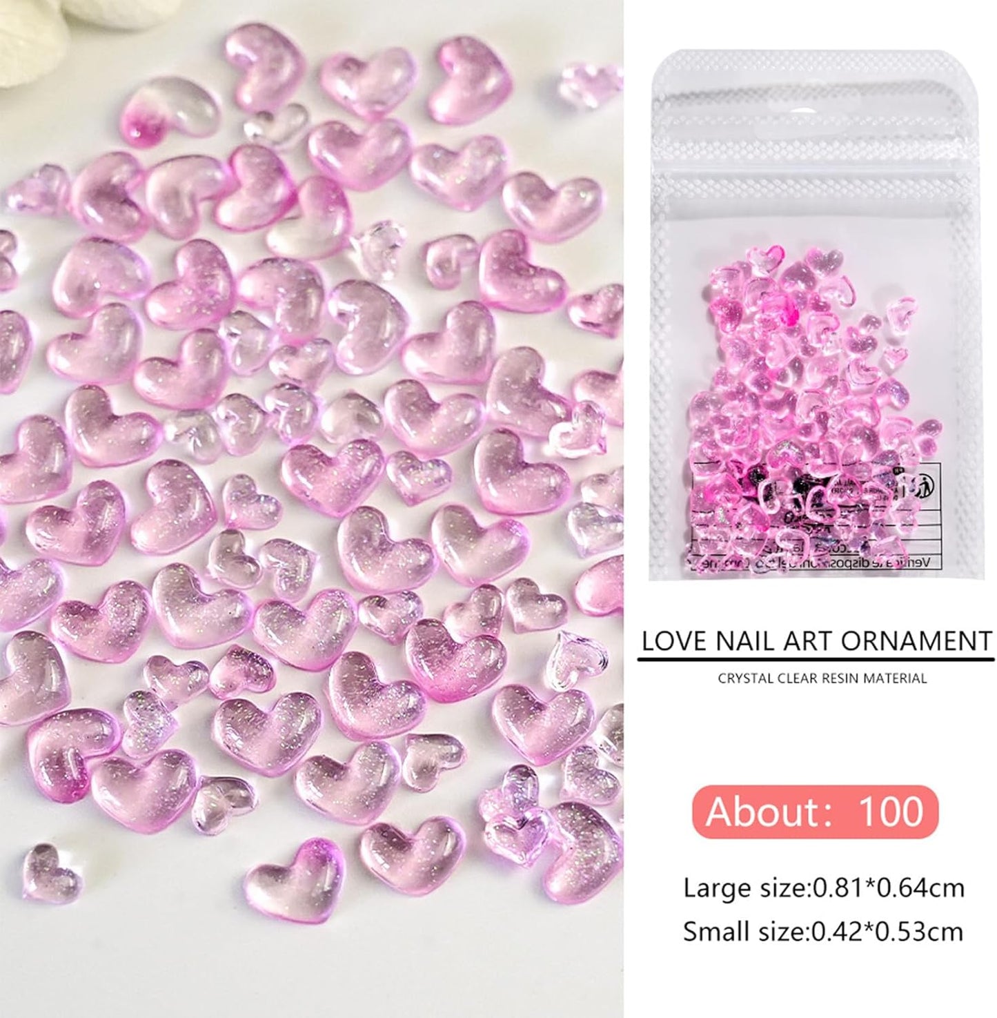 200Pcs Mixed Size Colorful Heart Nail Art Charms 3D Shining White Pink Flat Valentine's Day Nail Charms Love Heart Resin Crystal Jewelry Craft DIY Accessories for Women Acrylic Nail Decor