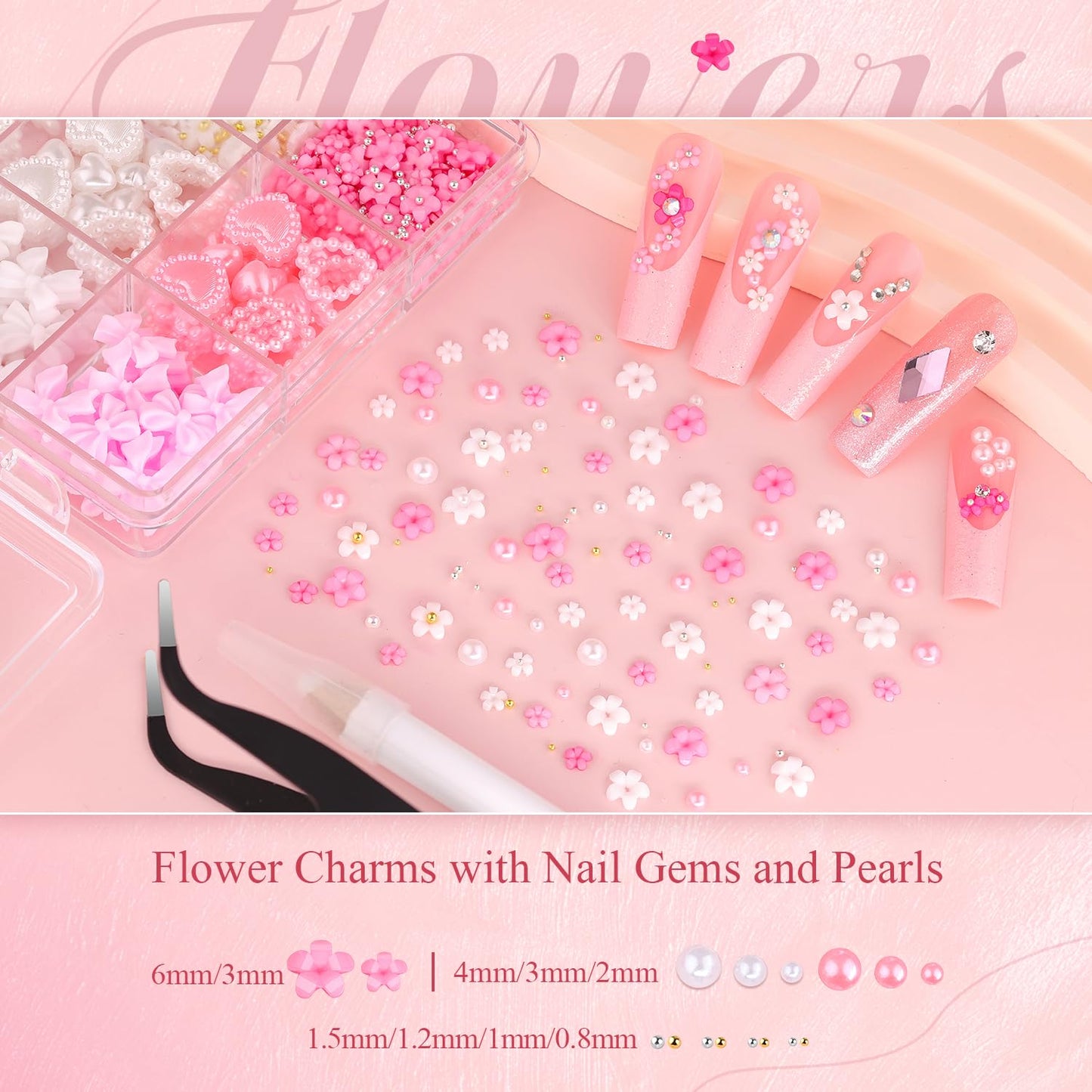 Chunky Nail Charms and Gems Set 1, Girly Coquette Nail Charms + Assorted Pearl Bows Heart Star Moon + Cute 3D Flowers for Nails + Pink & White Flatback Pearls with Pickup Tool for Kawaii Nail Design