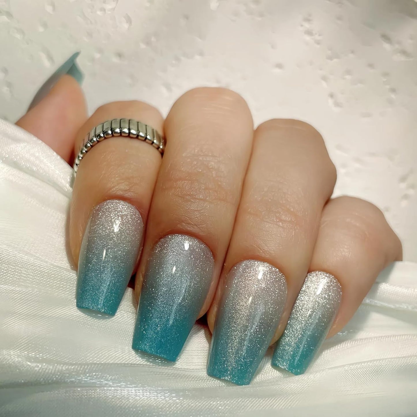 Press on Nails – 30PCS Medium Coffin Cat Eye Fake Nails with 12 Sizes – Gradient Blue Green Glossy Nails for Women – Reusable Glue-On Nails for All Occasions