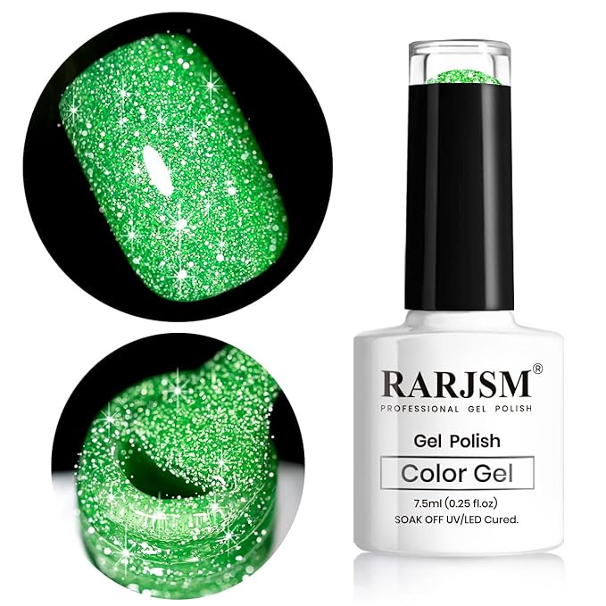 RARJSM Green Gel Nail Polish, 7.5ml 0.25Floz Reflective Gel Nailpolish Glitter Gelpolish Summer Candy Collection Diamond Shimmer Neon Green Nailgel for Starter Nail DIY U V L E D Required