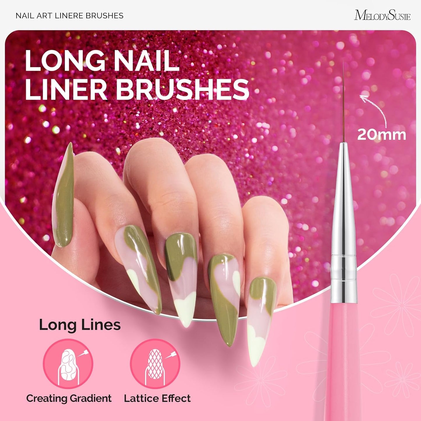 MelodySusie Nail Art Liner Brushes 5Pcs Professional Gel Polish Painting Art Design Pen Set for Thin Long Lines, Tiny Details, Fine Drawing, Delicate Coloring Sizes 5/7/9/11/20mm