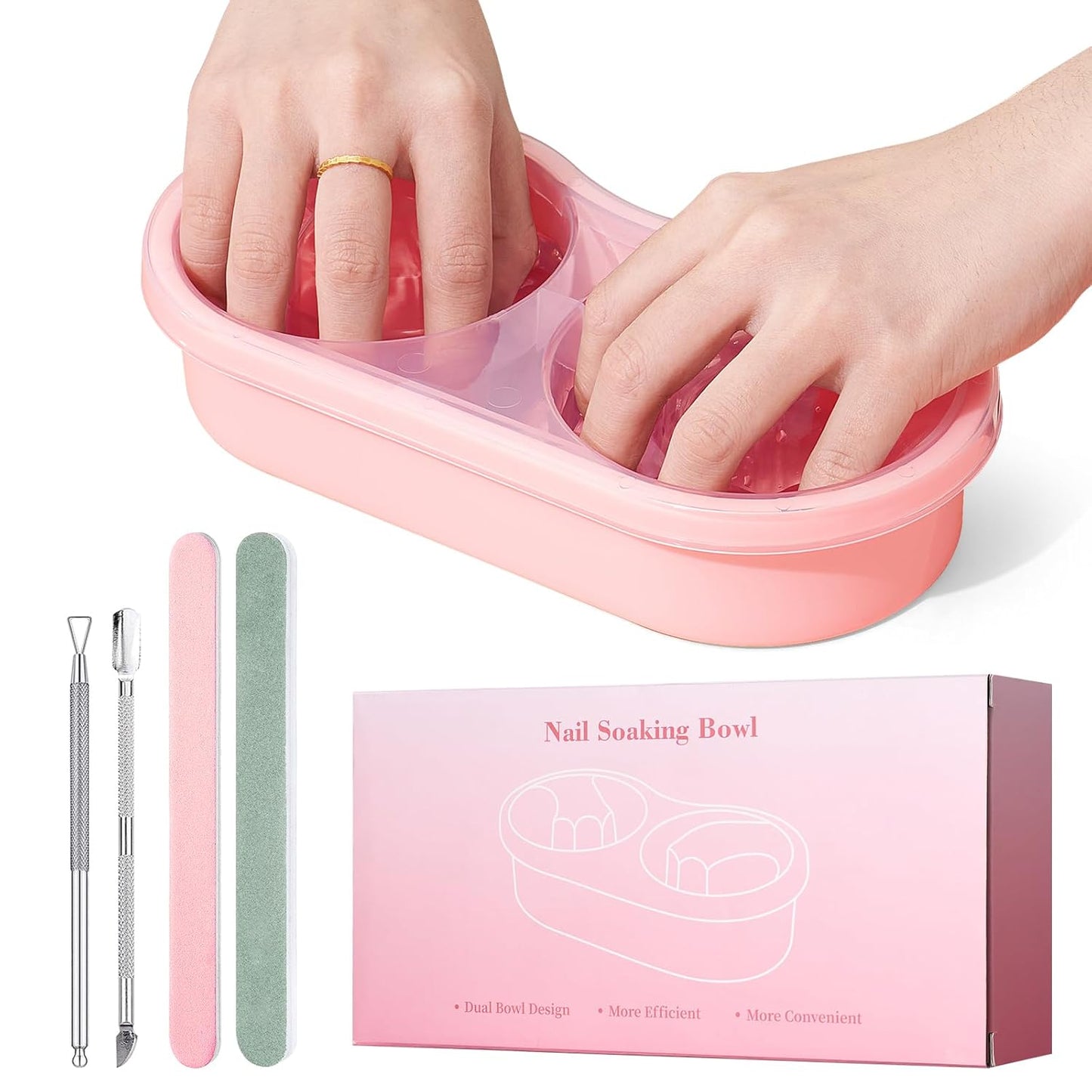 Dual Nail Soaking Bowl, Soak Off Gel Polish Remover Bowl for Home Users, Time Saver Manicure Bowl for Dip Powder/Gel/Acrylic Removal at Home & Salon, Pink