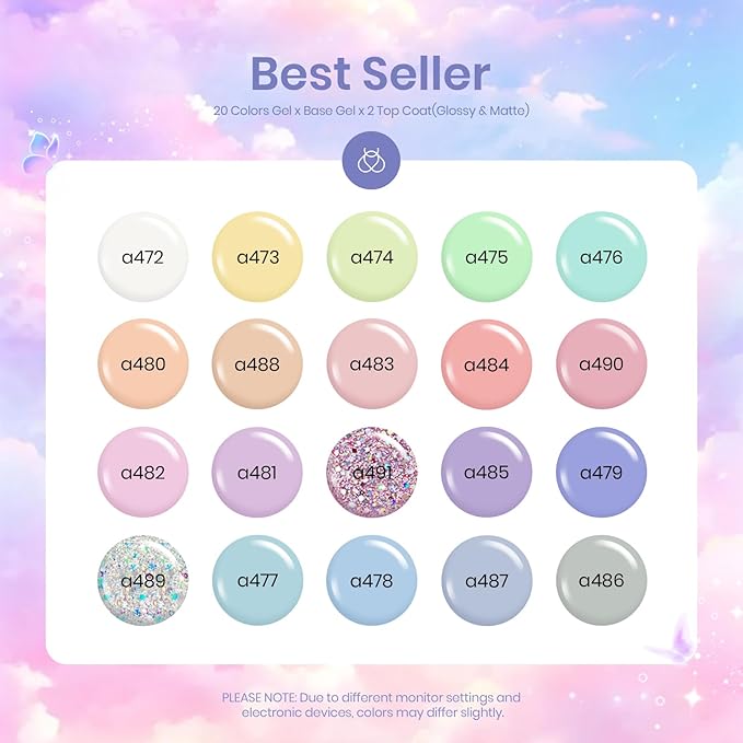 beetles Gel Polish Set - 23Pcs Macaroon Color Gel Nail Kit with Glossy Matte Top Coat Base Coat Yellow Pink White Purple Blue Glitter Bright Uv Nails Paradise Pastel Gel Halloween Gifts for Women