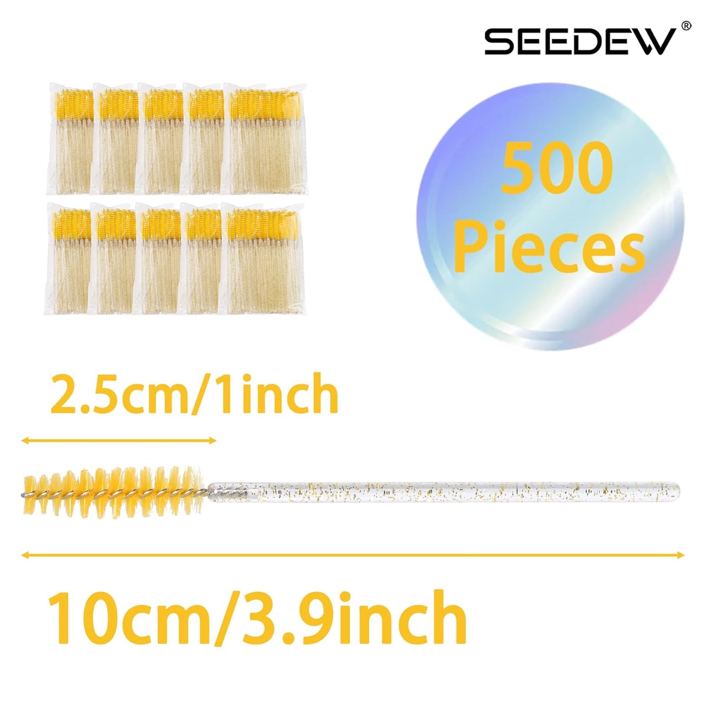 500 Pieces Eyelashes/Eyebrows Brushes, 10CM Lash Removal Cleaning Tools, Crystal Handle, Makeup Tools Mascara Wands(Simple Packaging)-(Crystal Yellow)