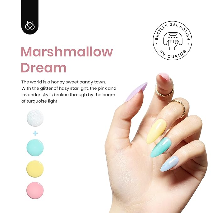 Beetles Pastel Gel Polish Set - 6 Colors Yellow Purple Mint Green Gel Polish Blue Jelly Rainbow Shimmer Gel Nail Polish Manicure at Home Gifts for Women