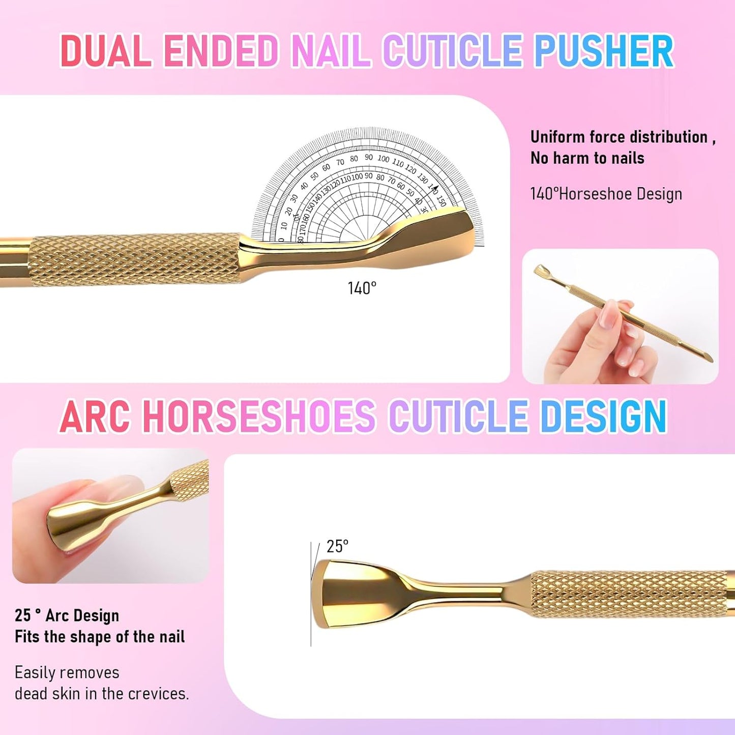 Pre-Treatment Cuticle Pusher, Dual Ended Cuticle Remover Russian Prep Nail Pushers with 100/180 Grit Sandpaper Sheets, Nail Care for Manicure Pedicure Nail Art and Foot Salon Home (Gold)