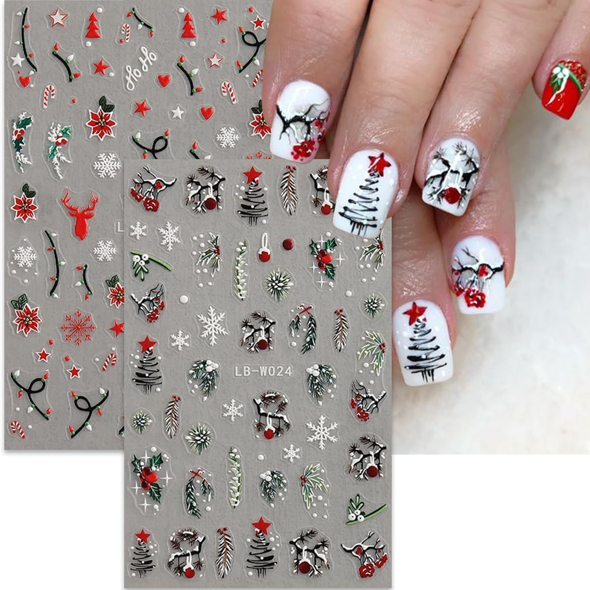 Christmas Nail Art Stickers Holly Leaf Snowflakes Nail Stickers 4PCS 5D Embossed Xmas Nail Decals Christmas Tree String Light Star Candy Cane Xmas Nails Art Design Supplies Adhesive Sliders for Women