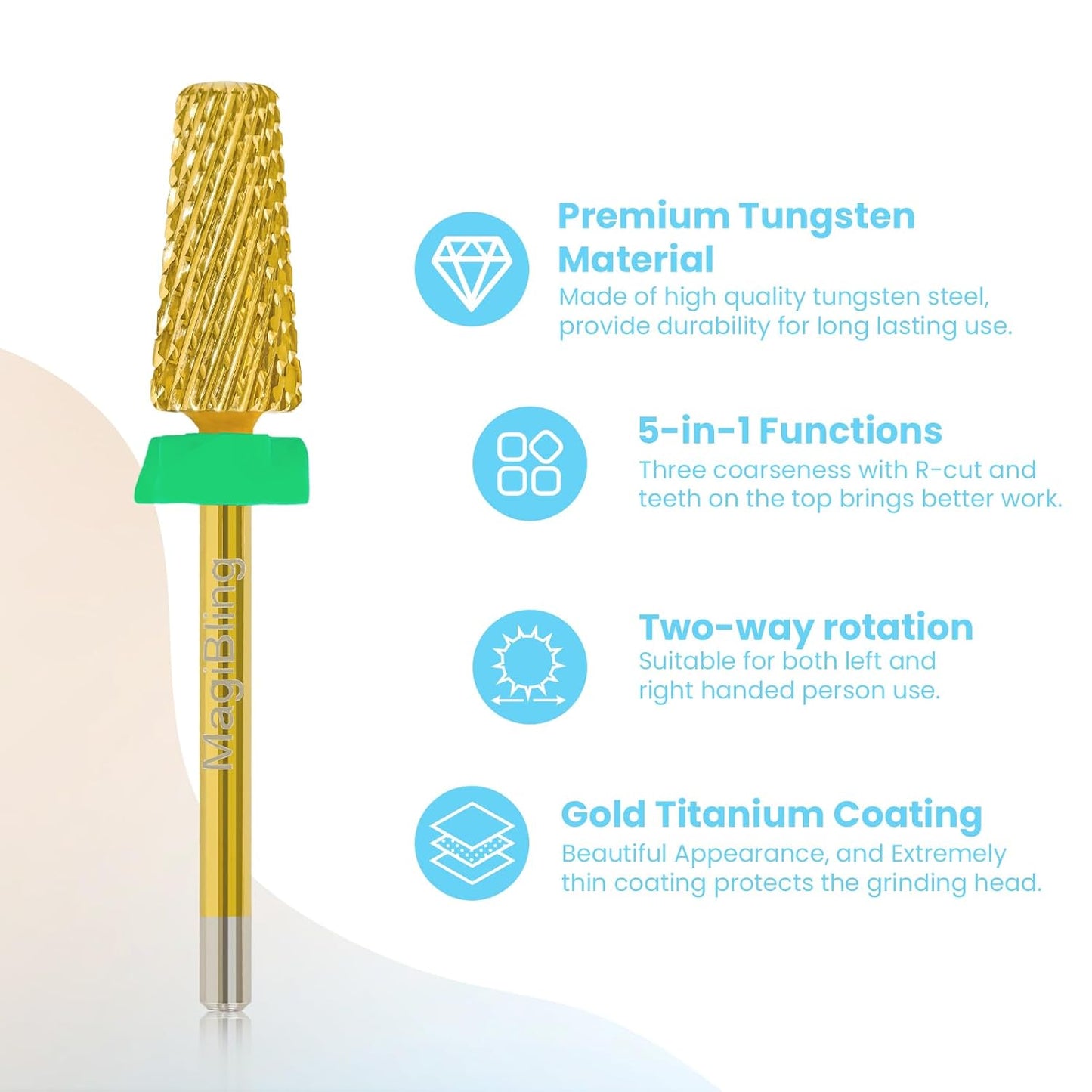 Nail Drill Bits 5 in 1 Tapered Barrel, 3/32'' Safety Tungsten Carbide Bits, Two-way Rotation, Suitable for Manicure Pedicure Cuticle Gel Polishing, Technicians Bits, Grit: Coarse.