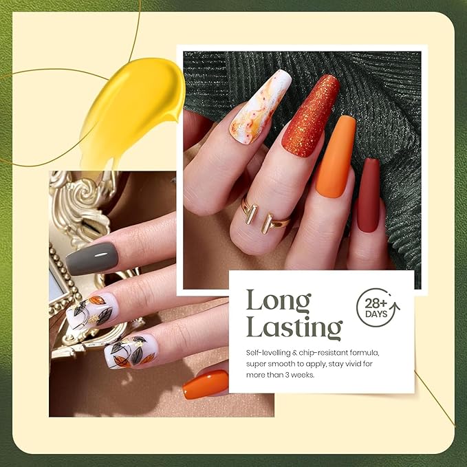 Beetles Fall Gel Nail Polish Set 6Pcs Brown Green Yellow Burgundy Orange Glitter Gel Polish Nails Art Soak off Uv LED Manicure Gift Set Golden Season Collection 2025 Nail Trend Gift for Women