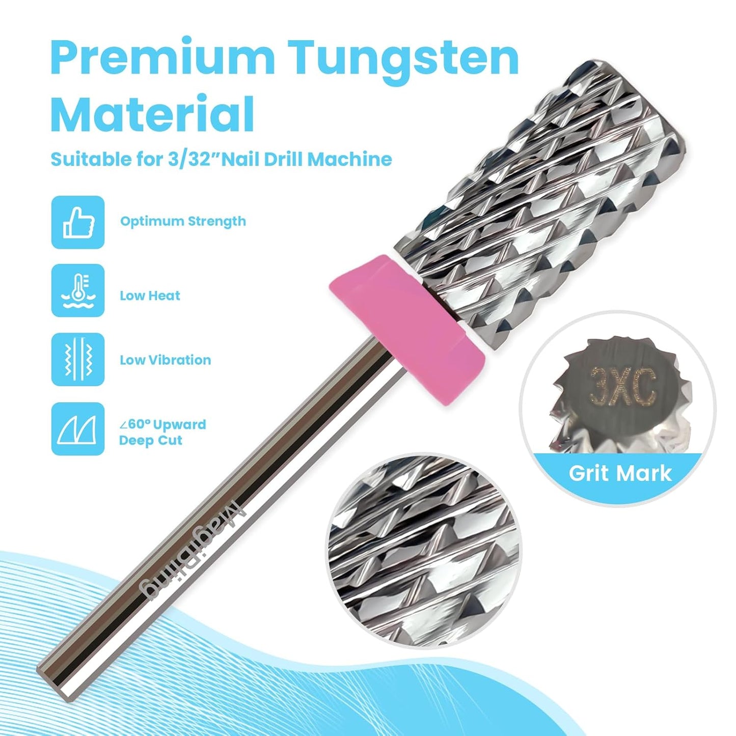 Super Cut Large Barrel Nail Drill Bits for Professional Users, 3/32'' Tungsten Carbide Bits, Upward Deep Cut for Removing Hard Gel Fast, Right Hand Use, Manicure Cuticle Gel Polishing, Triple Coarse.